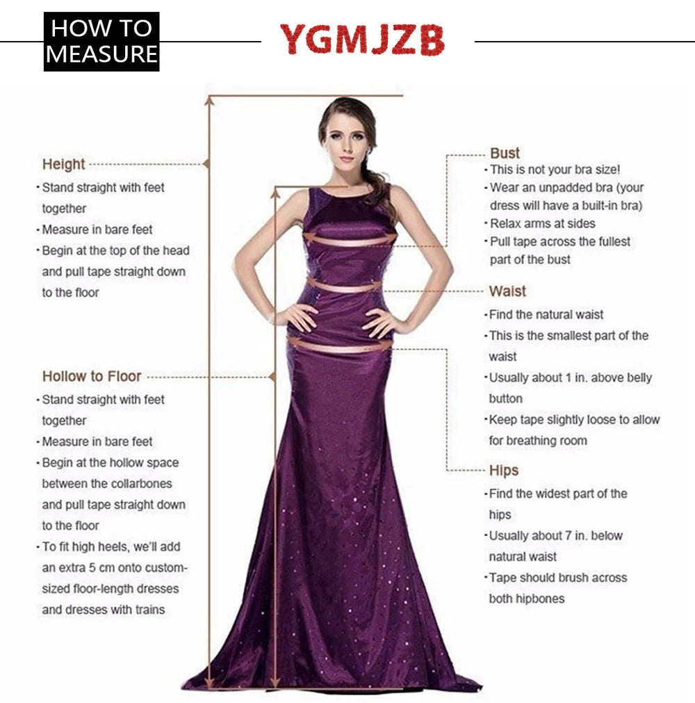 Measurement guide for YGMJZ wedding gown, showing height, bust, waist, and hip guidelines with model in a purple dress.