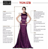 Measurement guide for YGMJZ wedding gown, showing height, bust, waist, and hip guidelines with model in a purple dress.