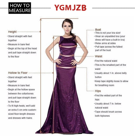 How to measure for a wedding dress with height, bust, waist, and hips guidelines on a model wearing a purple gown.