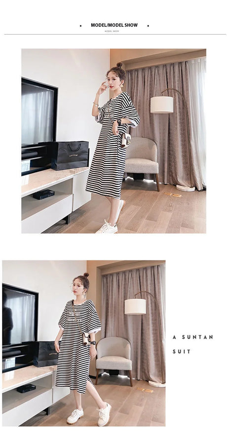 Model showcasing a striped maternity dress in a stylish interior, perfect for summer wear.