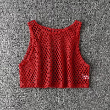 Red MeshGlow™ Hollow-Out Summer Crop Top, breathable fishnet design for women, casual loose fit.