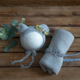 Newborn stretch knit mohair set including a bear hat and soft wrap in gray, perfect for baby photography props.