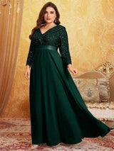 Women Plus Size Chiffon Sequin Long Sleeve Evening Dress