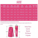 Size chart for women’s jogging style surgery scrubs, showing measurements for small to XXL in pink.