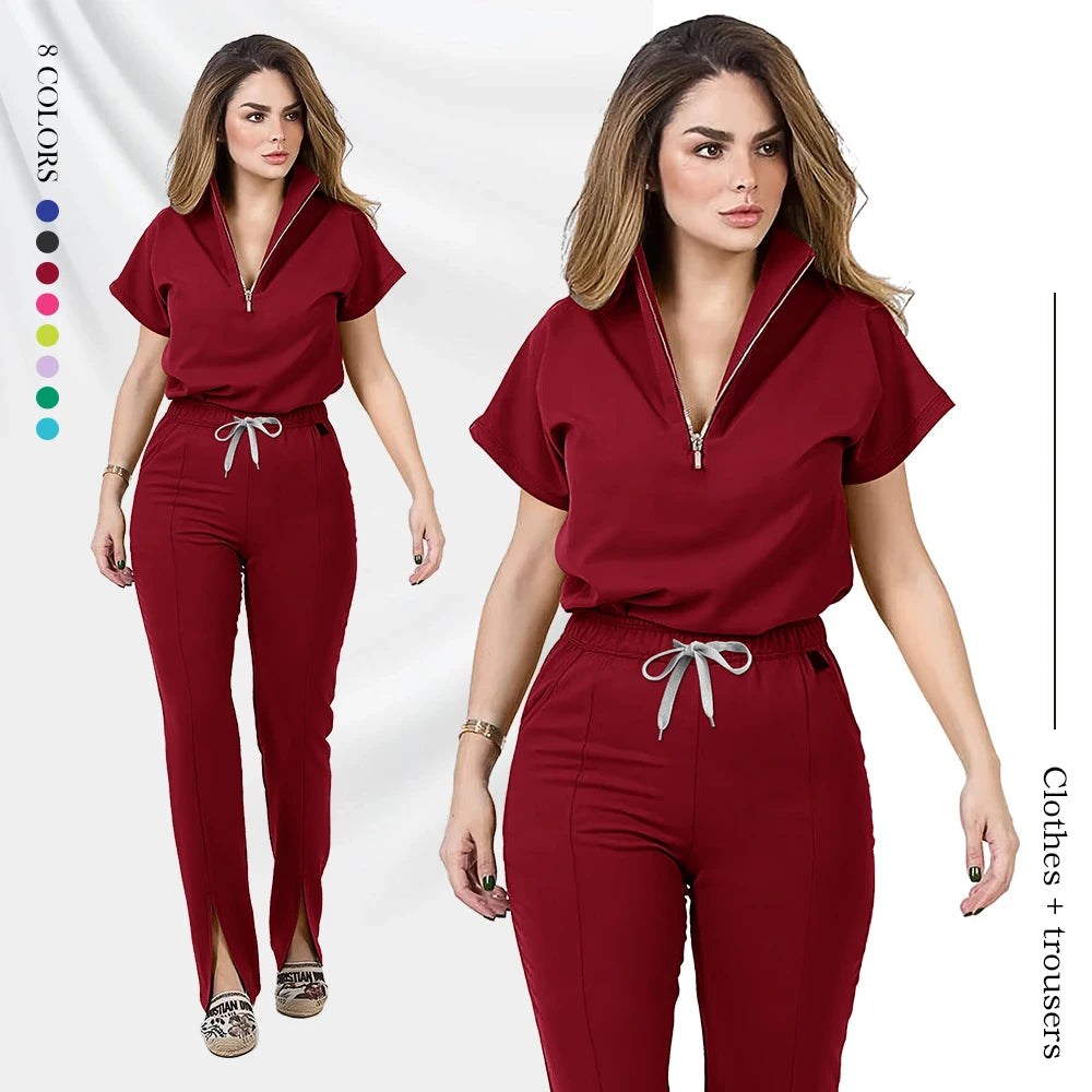 Women’s medical scrub set in burgundy featuring a zipper top and pants, suitable for various professional settings.