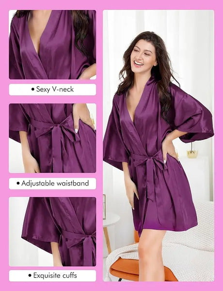 7-piece satin bride robe set featuring elegant V-neck, adjustable waistband, and exquisite cuffs for bridal parties.