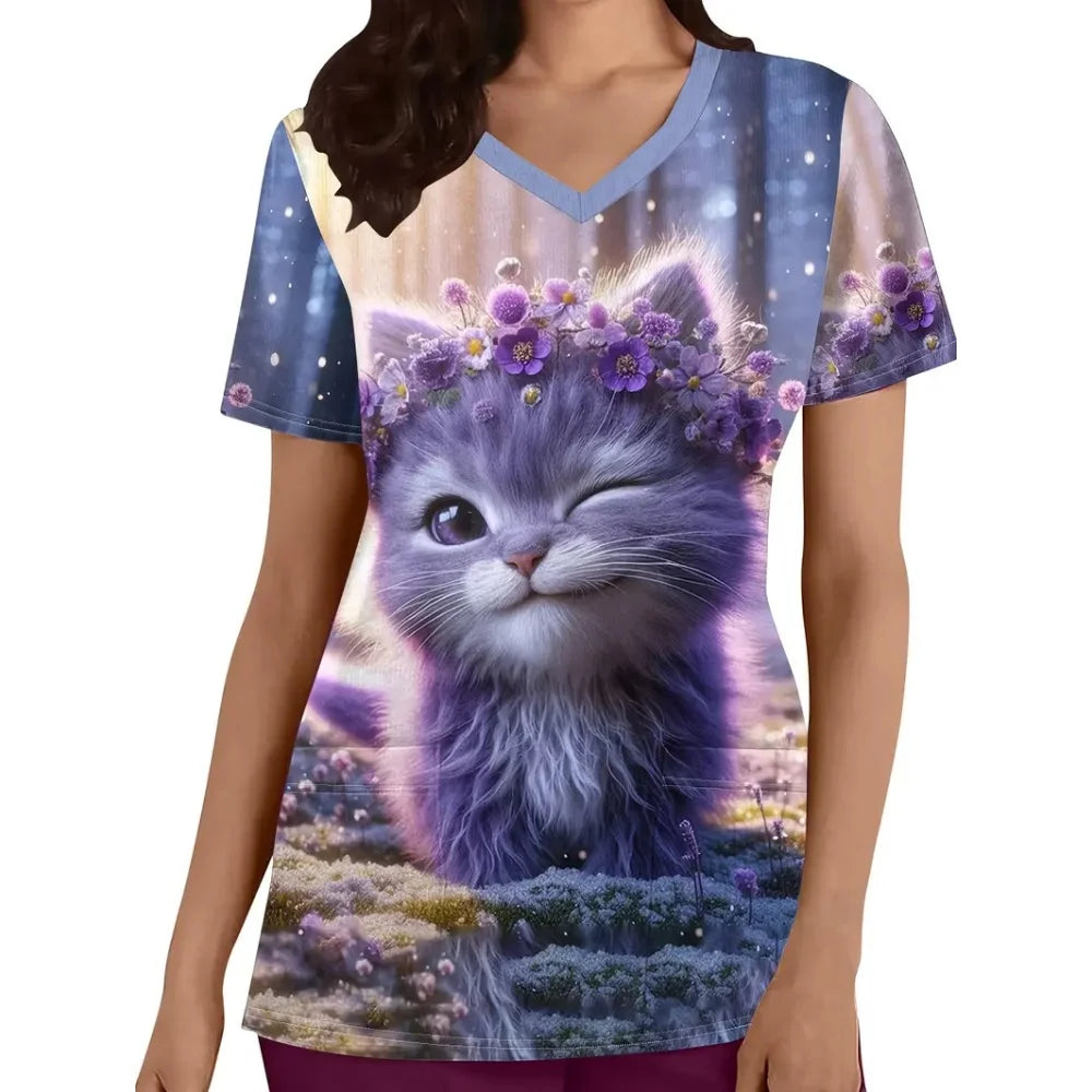 Cartoon cat print nurse uniform featuring a cute purple cat with a flower crown, ideal for medical professionals.