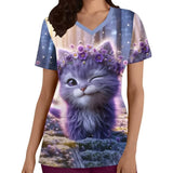 Cartoon cat print nurse uniform featuring a cute purple cat with a flower crown, ideal for medical professionals.