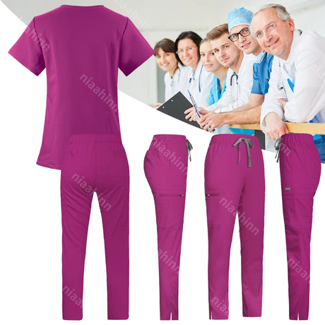 Solid color veterinarian workwear set featuring a stylish V-neck top and elastic waist pants in vibrant purple.