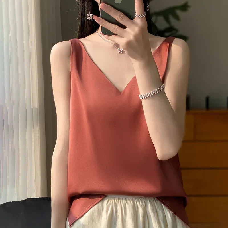 Ice Silk Satin V‑Neck Camisole Crop Top