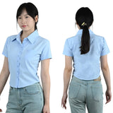LapelCurve™ slim fit professional short sleeve blouse for women in light blue, featuring a turn-down collar and front pocket.