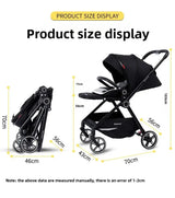 Highview Baby Stroller size display showing dimensions: 70cm height, 56cm width, and 46cm folded size for easy transport.