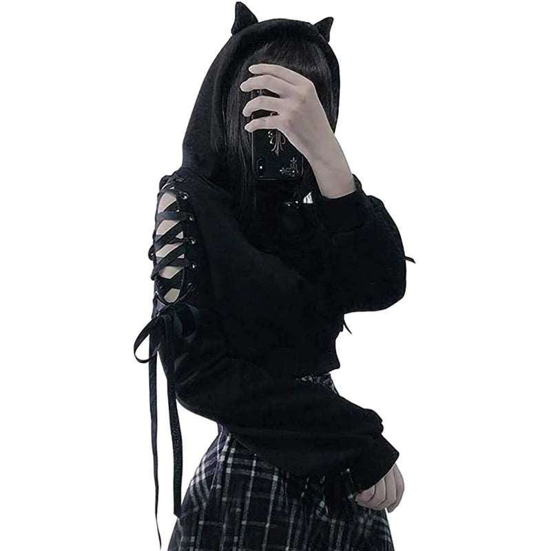 Gothic Cat Ear Crop Hoodie
