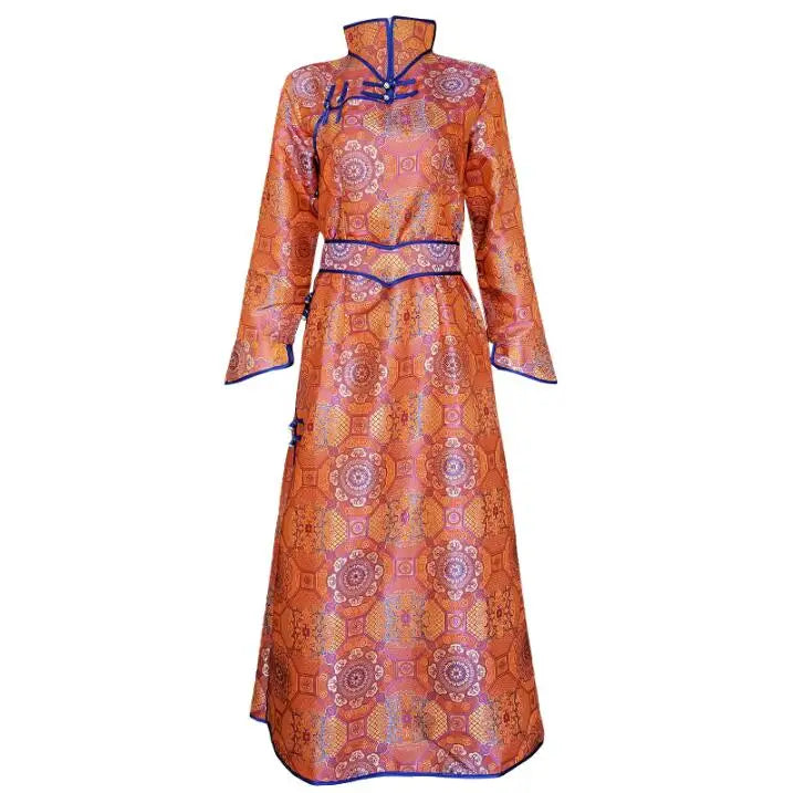 Traditional Mongolian women's dress in vibrant orange, featuring intricate patterns and full sleeves, perfect for cultural events.