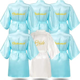 6-piece bridesmaid robe set in light blue with 'Bridesmaid' and 'Bride' designs, perfect for wedding preparations.