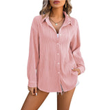 HarajukuMuse™ pink streetwear blouse with long sleeves and button closure, perfect for spring and autumn casual style.