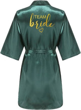 Team Bride gold letter robe in green satin, knee-length design, perfect for bridal parties and wedding celebrations.
