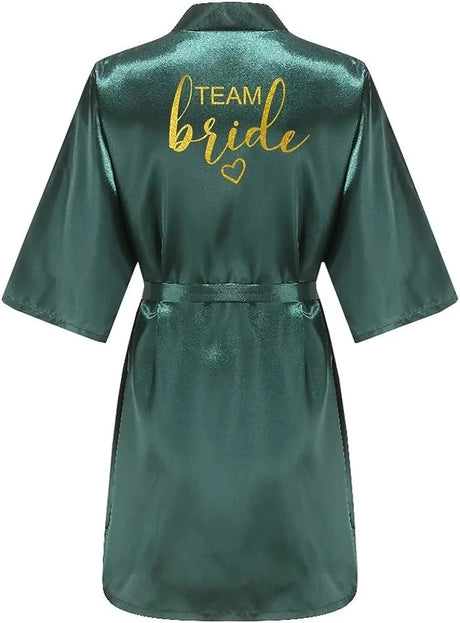 Team Bride gold letter robe in green satin, knee-length design, perfect for bridal parties and wedding celebrations.