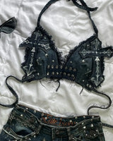 Women Cross Patch Denim Skirt Set