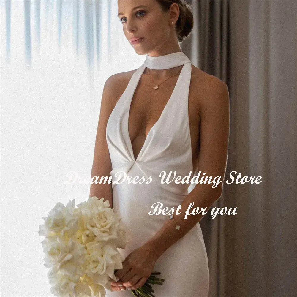 Women Mermaid Crepe Halter Wedding Dress Backless