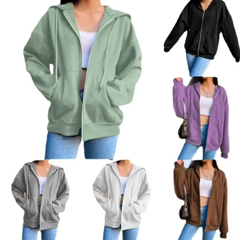 Women Fleece Hoodie Solid Color Zip Up Sweatshirt