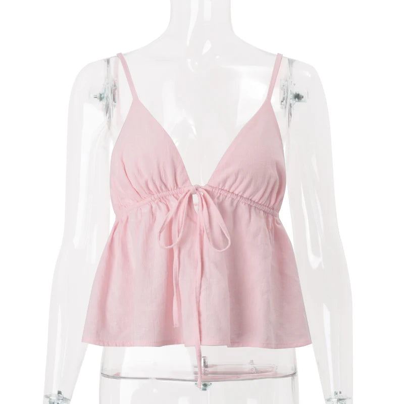 Off Shoulder V‑Neck Pink Crop Tank Top