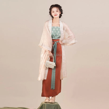 Song Dynasty Hanfu women's retro three piece outfit featuring floral top and flowing skirt, perfect for traditional occasions.