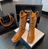 Women Mid Calf Boots Rose Embroidery Leather