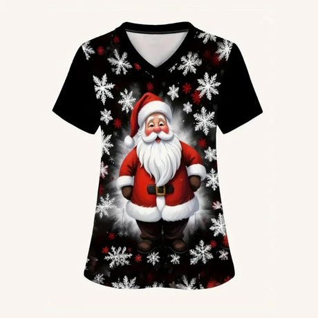 Christmas cartoon nurse scrubs featuring Santa Claus and snowflakes in a V-neck design for women.