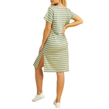 Back view of striped nursing maternity dress with short sleeves and side slit, perfect for summer wear.