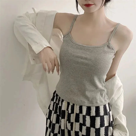 CottoForm™ padded cotton camisole in gray, slim fit design, perfect for summer, worn with patterned wide-leg pants.