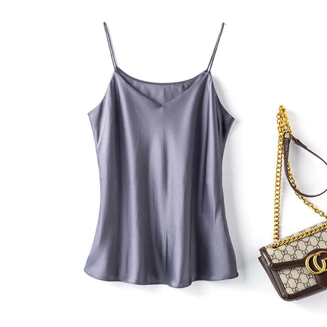 BandeauSilk™ Double-Layer Mulberry Silk V-Neck Camisole in gray, perfect for summer casual wear.