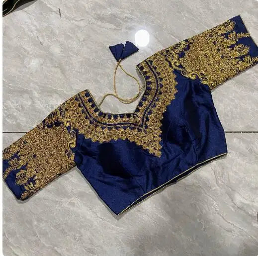 Embroidered blue India sari top with gold embellishments, ideal for traditional wear and ethnic blouses.