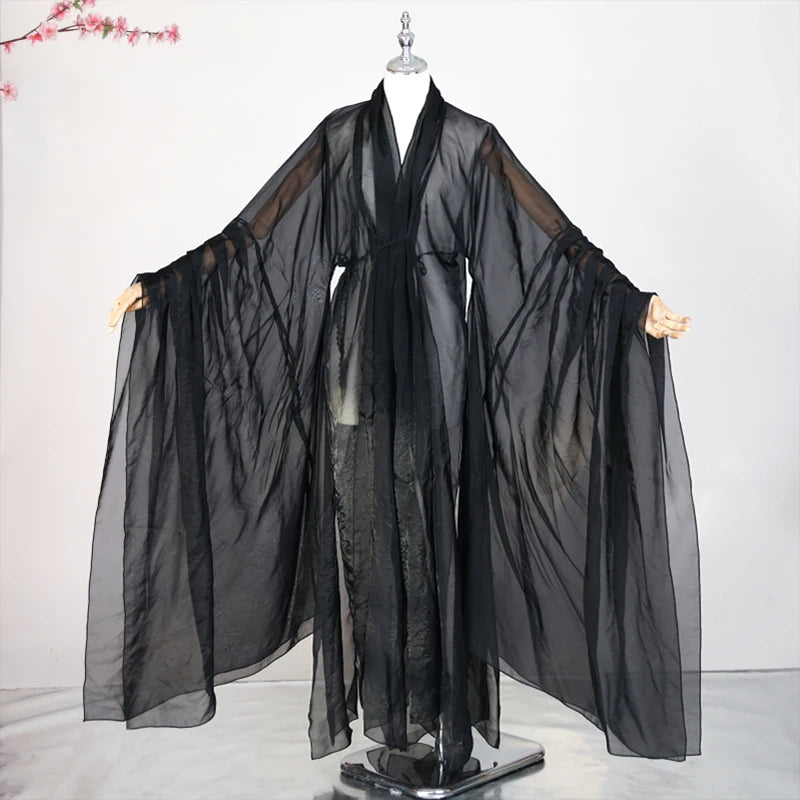 Black women’s classical Hanfu with flowing sleeves, perfect for stage performances, crafted from lightweight polyester.