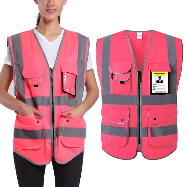 Hi-Vis pink safety vest with multiple pockets and reflective stripes, ideal for construction and traffic applications.