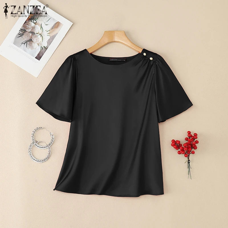 Women Satin Office Short Sleeve Blouse