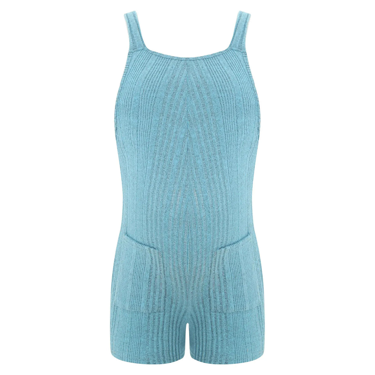 Blue sleeveless ribbed maternity jumpsuit with pockets, ideal for casual summer wear for expectant mothers.