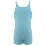 Blue sleeveless ribbed maternity jumpsuit with pockets, ideal for casual summer wear for expectant mothers.