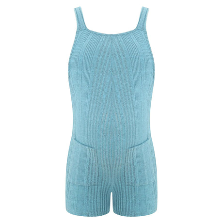 Blue sleeveless ribbed maternity jumpsuit with pockets, ideal for casual summer wear for expectant mothers.