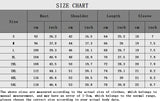 Size chart for women's clothing including bust, shoulder, length, and sleeve measurements in cm and inches.