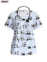 Colorful panda print nursing scrub top with v-neck and pocket, ideal for medical professionals.