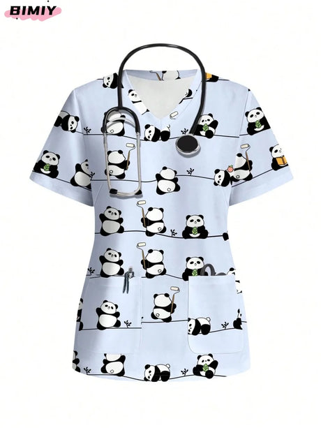 Colorful panda print nursing scrub top with v-neck and pocket, ideal for medical professionals.
