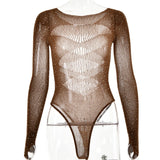 Women's Knitted Rhinestone Long Sleeve Bodysuit – Sexy Y2K Outfit