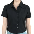 LapelCurve™ Slim Fit Professional Short Sleeve Shirt for Women, Black Blouse with Turn-Down Collar and Button Closure.