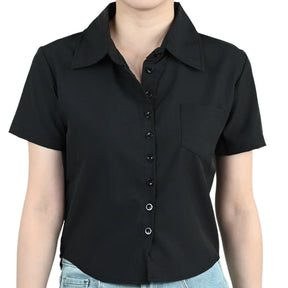 LapelCurve™ Slim Fit Professional Short Sleeve Shirt for Women, Black Blouse with Turn-Down Collar and Button Closure.
