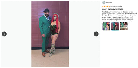 Couple posing in vibrant outfits, featuring a green suit and a figure-hugging bodysuit with striking hair and accessories.