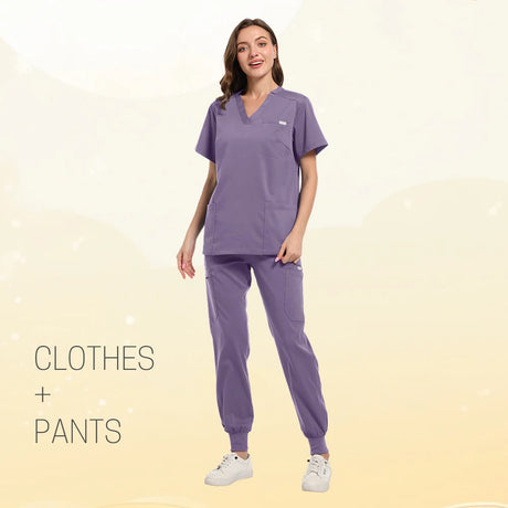 Multicolor women's scrub set featuring short sleeve top and pants in purple, suitable for medical and beauty professionals.