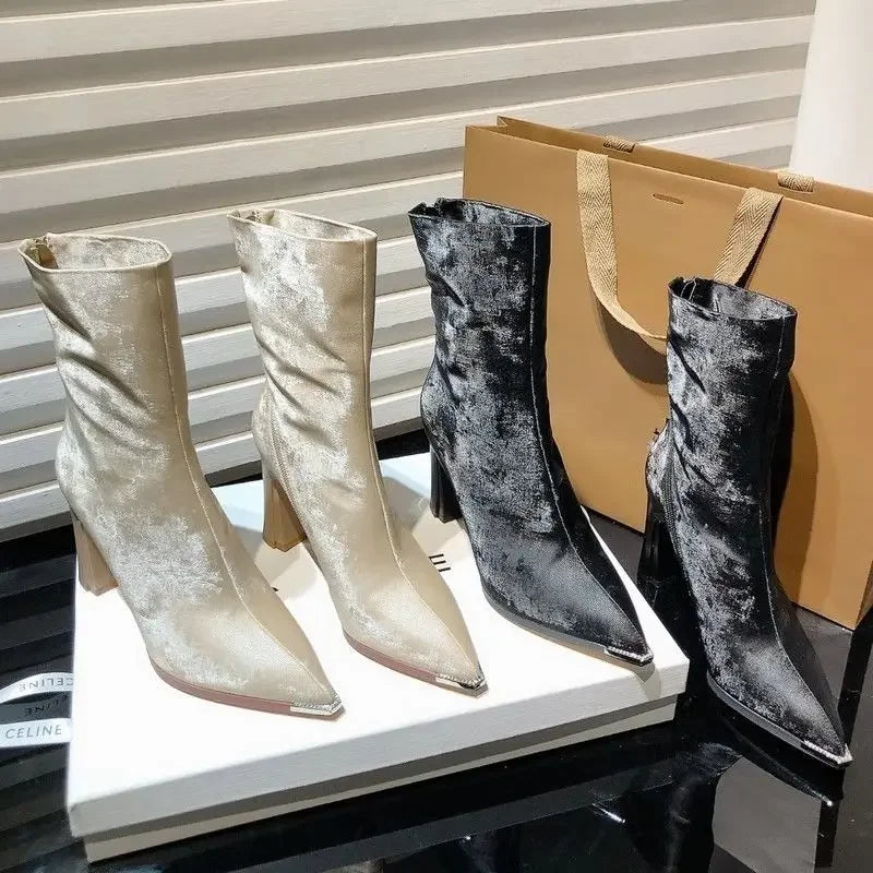 Women Mid Calf Boots Leather Cowboy Heels