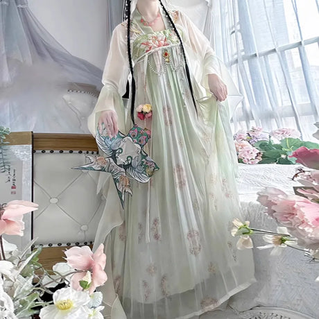 Vintage Chinese-style Hanfu dress for women, featuring elegant floral designs and flowing lightweight fabric.