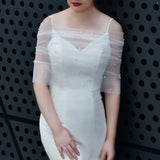 Elegant VG73 sheer wedding jacket with short see-through bolero style, adorned with pearls, perfect for bridal occasions.